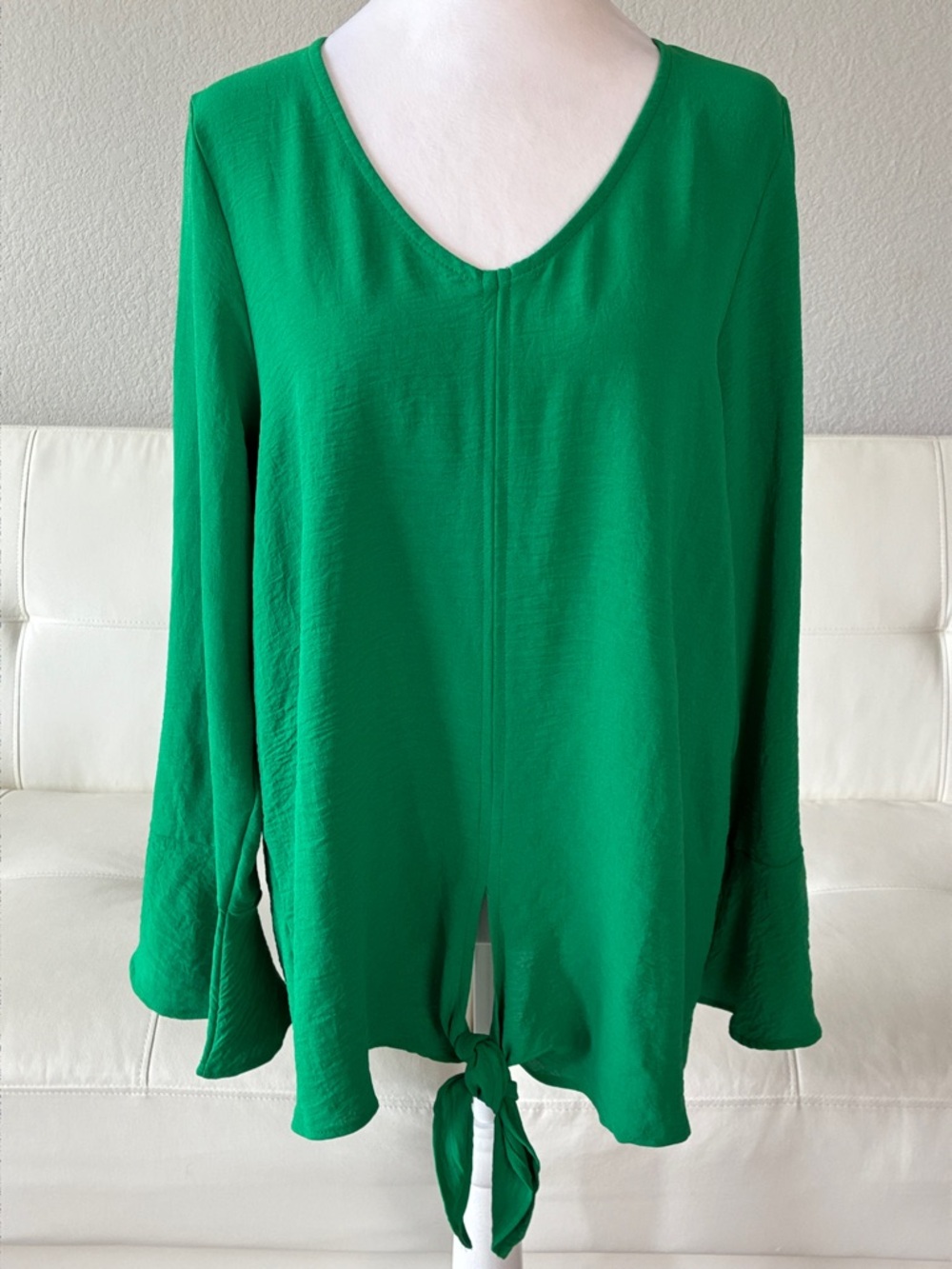 Cotton Bleu Green V-Neck Tie-Front Women’s Top